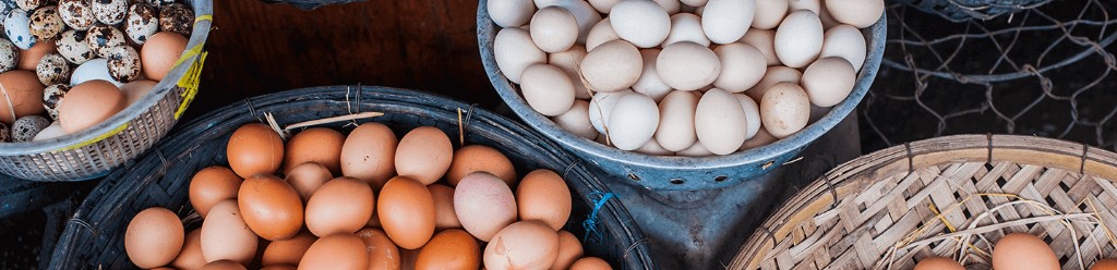 Baskets of brown, white, and speckled eggs viewed from above